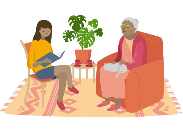Illustration of two women and a cat sat together in a living room with one reading to the other.