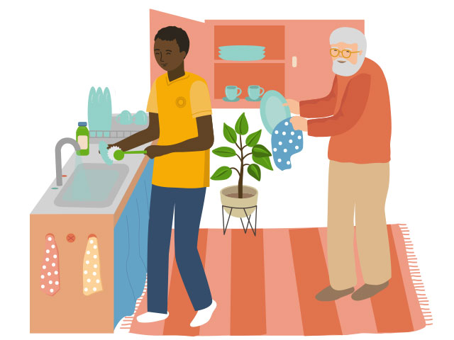 Illustration of two men doing household tasks together